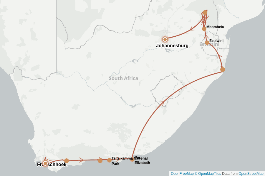 Itinerary Map image for South Africa: Cape Town, Kruger & Garden Route