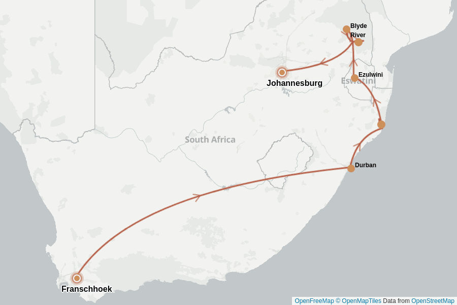 Itinerary Map image for South Africa: The Essentials in 2 Weeks