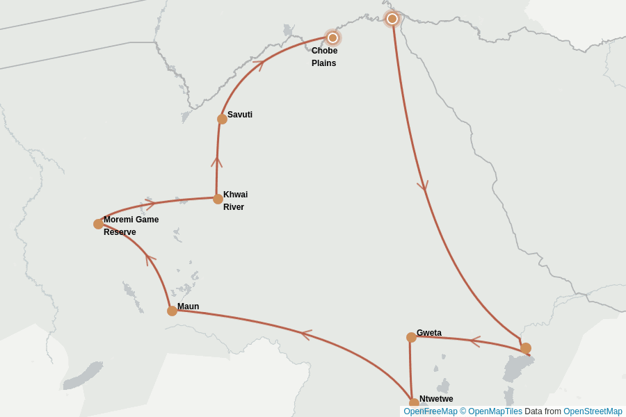 Itinerary Map image for Botswana In Depth: Safari, River & Salt Pans